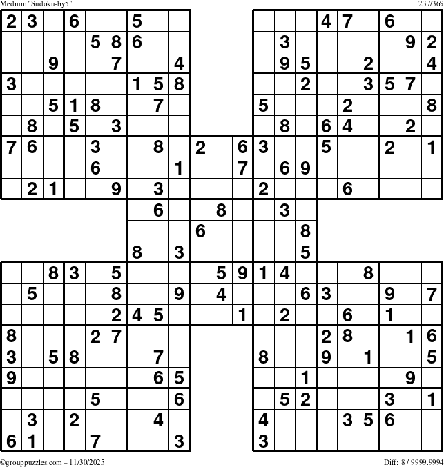 The grouppuzzles.com Medium Sudoku-by5 puzzle for Sunday November 30, 2025