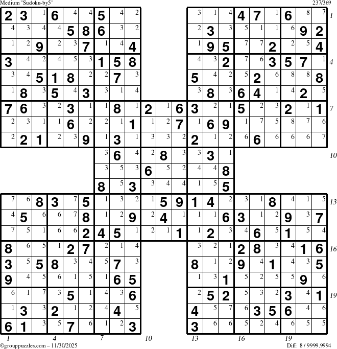 The grouppuzzles.com Medium Sudoku-by5 puzzle for Sunday November 30, 2025 with all 8 steps marked