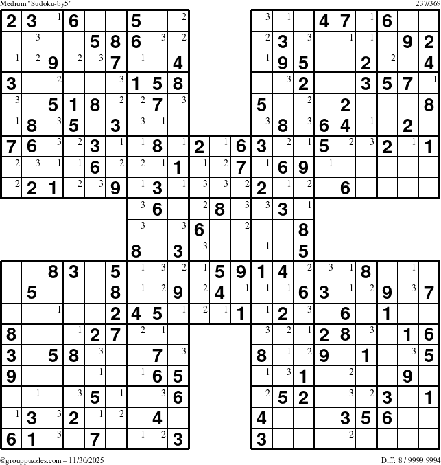 The grouppuzzles.com Medium Sudoku-by5 puzzle for Sunday November 30, 2025 with the first 3 steps marked