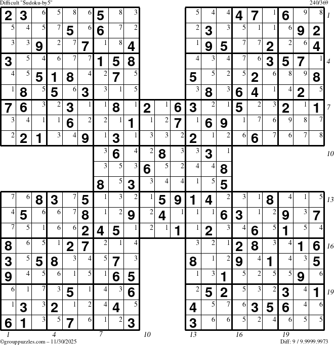 The grouppuzzles.com Difficult Sudoku-by5 puzzle for Sunday November 30, 2025, suitable for printing, with all 9 steps marked