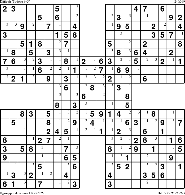 The grouppuzzles.com Difficult Sudoku-by5 puzzle for Sunday November 30, 2025 with the first 3 steps marked