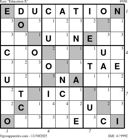 The grouppuzzles.com Easy Education-X puzzle for Sunday November 30, 2025 with all 4 steps marked