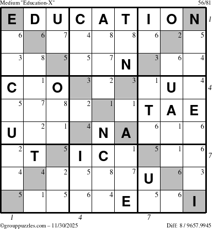 The grouppuzzles.com Medium Education-X puzzle for Sunday November 30, 2025, suitable for printing, with all 8 steps marked