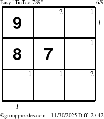 The grouppuzzles.com Easy TicTac-789 puzzle for Sunday November 30, 2025, suitable for printing, with all 2 steps marked