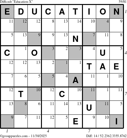 The grouppuzzles.com Difficult Education-X puzzle for Sunday November 30, 2025, suitable for printing, with all 14 steps marked