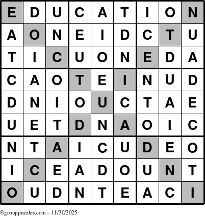 The grouppuzzles.com Answer grid for the Education-X puzzle for Sunday November 30, 2025