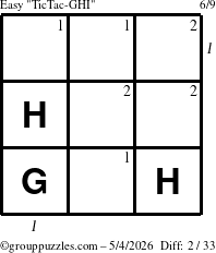 The grouppuzzles.com Easy TicTac-GHI puzzle for Monday May 4, 2026 with all 2 steps marked