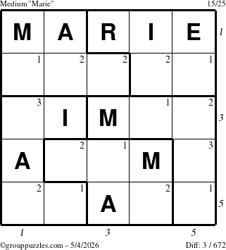 The grouppuzzles.com Medium Marie puzzle for Monday May 4, 2026, suitable for printing, with all 3 steps marked