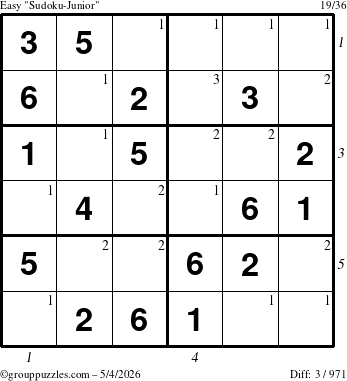 The grouppuzzles.com Easy Sudoku-Junior puzzle for Monday May 4, 2026, suitable for printing, with all 3 steps marked