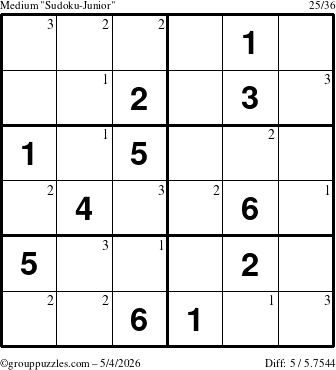 The grouppuzzles.com Medium Sudoku-Junior puzzle for Monday May 4, 2026 with the first 3 steps marked