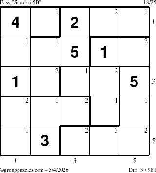 The grouppuzzles.com Easy Sudoku-5B puzzle for Monday May 4, 2026 with all 3 steps marked
