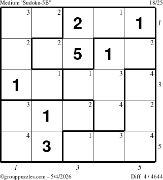 The grouppuzzles.com Medium Sudoku-5B puzzle for Monday May 4, 2026, suitable for printing, with all 4 steps marked
