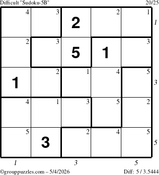 The grouppuzzles.com Difficult Sudoku-5B puzzle for Monday May 4, 2026 with all 5 steps marked