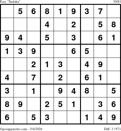 The grouppuzzles.com Easy Sudoku puzzle for Monday May 4, 2026