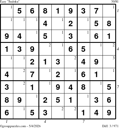The grouppuzzles.com Easy Sudoku puzzle for Monday May 4, 2026, suitable for printing, with all 3 steps marked