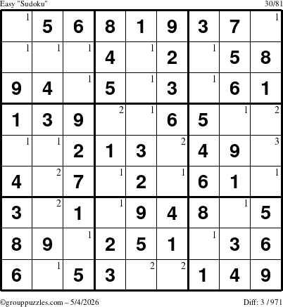 The grouppuzzles.com Easy Sudoku puzzle for Monday May 4, 2026 with the first 3 steps marked