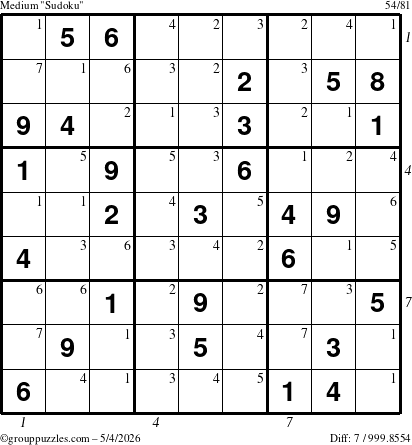 The grouppuzzles.com Medium Sudoku puzzle for Monday May 4, 2026 with all 7 steps marked