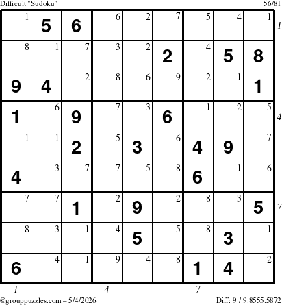 The grouppuzzles.com Difficult Sudoku puzzle for Monday May 4, 2026 with all 9 steps marked