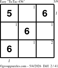 The grouppuzzles.com Easy TicTac-456 puzzle for Monday May 4, 2026 with all 2 steps marked