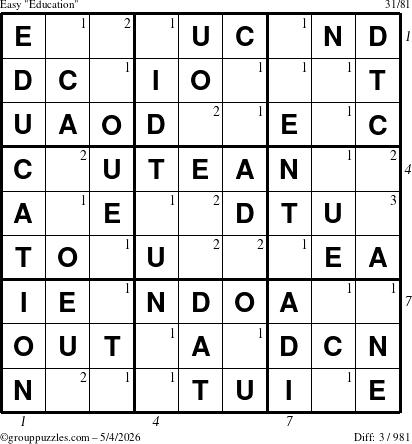 The grouppuzzles.com Easy Education-c1 puzzle for Monday May 4, 2026 with all 3 steps marked