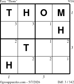 The grouppuzzles.com Easy Thom puzzle for Thursday May 7, 2026, suitable for printing, with all 3 steps marked