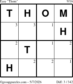 The grouppuzzles.com Easy Thom puzzle for Thursday May 7, 2026 with the first 3 steps marked