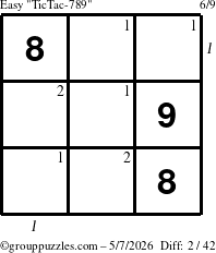 The grouppuzzles.com Easy TicTac-789 puzzle for Thursday May 7, 2026 with all 2 steps marked