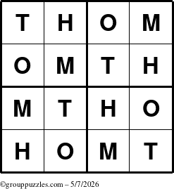 The grouppuzzles.com Answer grid for the Thom puzzle for Thursday May 7, 2026