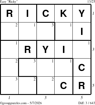 The grouppuzzles.com Easy Ricky puzzle for Thursday May 7, 2026, suitable for printing, with all 3 steps marked