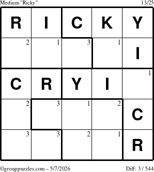 The grouppuzzles.com Medium Ricky puzzle for Thursday May 7, 2026 with the first 3 steps marked