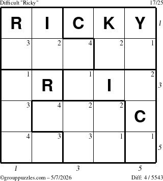 The grouppuzzles.com Difficult Ricky puzzle for Thursday May 7, 2026, suitable for printing, with all 4 steps marked