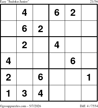 The grouppuzzles.com Easy Sudoku-Junior puzzle for Thursday May 7, 2026