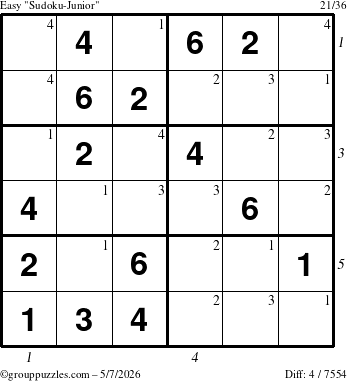 The grouppuzzles.com Easy Sudoku-Junior puzzle for Thursday May 7, 2026, suitable for printing, with all 4 steps marked