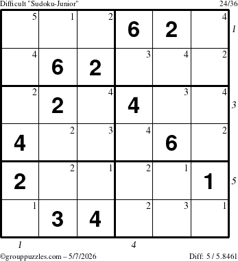 The grouppuzzles.com Difficult Sudoku-Junior puzzle for Thursday May 7, 2026, suitable for printing, with all 5 steps marked