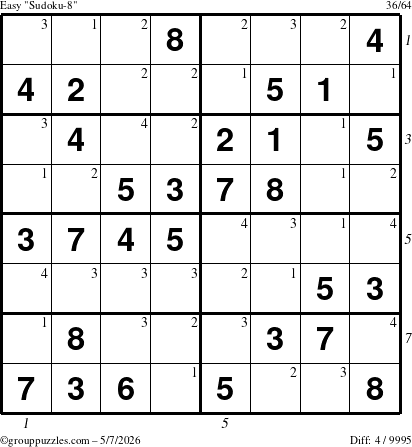 The grouppuzzles.com Easy Sudoku-8 puzzle for Thursday May 7, 2026 with all 4 steps marked