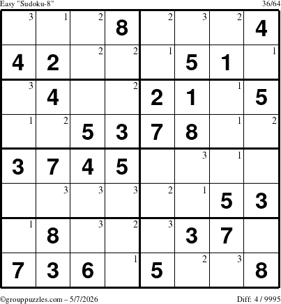 The grouppuzzles.com Easy Sudoku-8 puzzle for Thursday May 7, 2026 with the first 3 steps marked