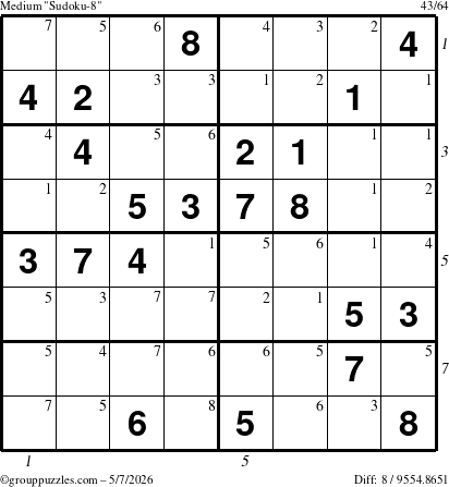 The grouppuzzles.com Medium Sudoku-8 puzzle for Thursday May 7, 2026 with all 8 steps marked