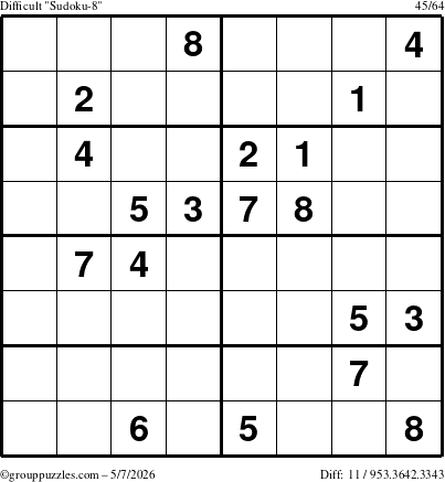 The grouppuzzles.com Difficult Sudoku-8 puzzle for Thursday May 7, 2026