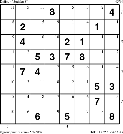 The grouppuzzles.com Difficult Sudoku-8 puzzle for Thursday May 7, 2026 with all 11 steps marked