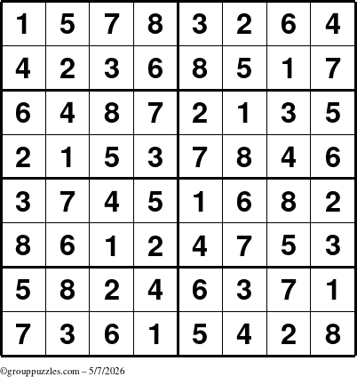 The grouppuzzles.com Answer grid for the Sudoku-8 puzzle for Thursday May 7, 2026