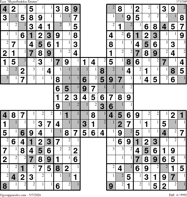 The grouppuzzles.com Easy cover-HyperXtreme puzzle for Thursday May 7, 2026 with the first 3 steps marked