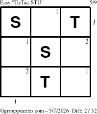 The grouppuzzles.com Easy TicTac-STU puzzle for Thursday May 7, 2026 with all 2 steps marked