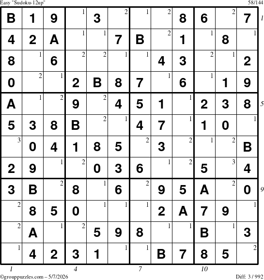 The grouppuzzles.com Easy Sudoku-12up puzzle for Thursday May 7, 2026, suitable for printing, with all 3 steps marked