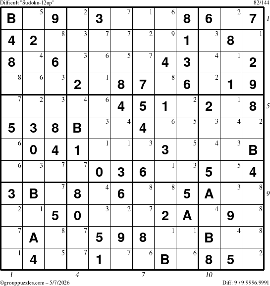 The grouppuzzles.com Difficult Sudoku-12up puzzle for Thursday May 7, 2026 with all 9 steps marked