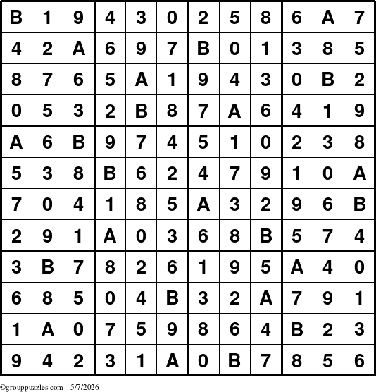 The grouppuzzles.com Answer grid for the Sudoku-12up puzzle for Thursday May 7, 2026