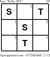 The grouppuzzles.com Easy TicTac-STU puzzle for Thursday May 7, 2026 with the first 2 steps marked