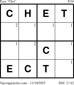 The grouppuzzles.com Easy Chet puzzle for Monday November 10, 2025 with the first 2 steps marked