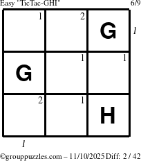 The grouppuzzles.com Easy TicTac-GHI puzzle for Monday November 10, 2025 with all 2 steps marked