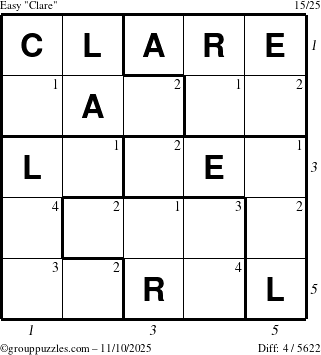 The grouppuzzles.com Easy Clare puzzle for Monday November 10, 2025, suitable for printing, with all 4 steps marked
