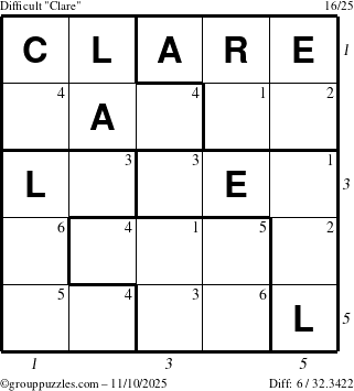 The grouppuzzles.com Difficult Clare puzzle for Monday November 10, 2025, suitable for printing, with all 6 steps marked